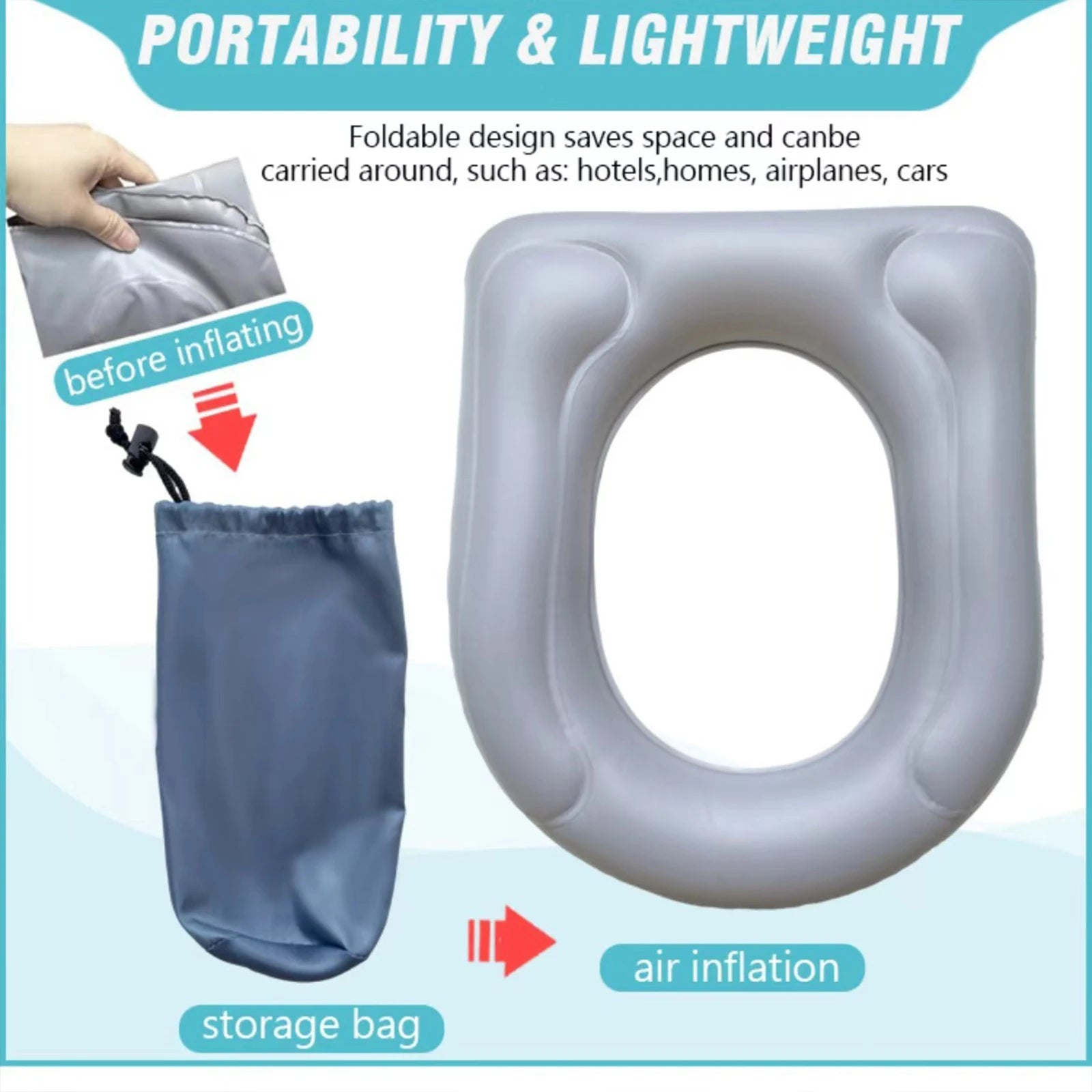 Inflatable Raised Toilet Seat with Suction Cups Portable Comfortable Travel Toilet Cushion for Elderly/Seniors with Storage Bag