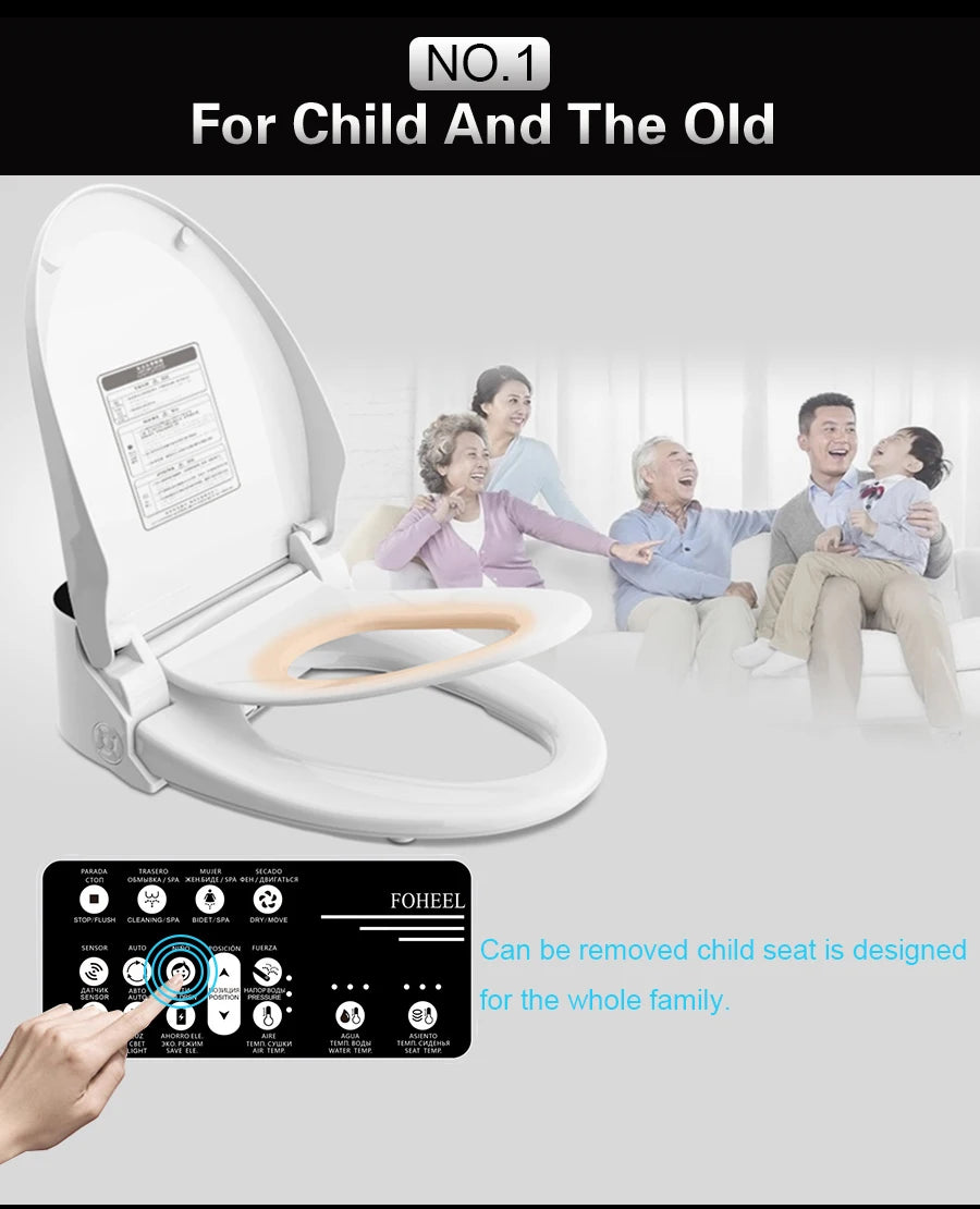 FOHEEL Smart Toilet Seat Bidet Seat Electronic Toilet Seat Air Drying Seat Heating Functions Black Remote Control Square Seat