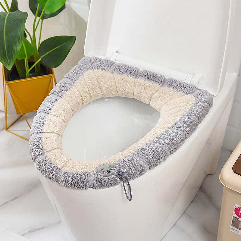 Winter Warm Toilet Seat Cover Mat Bathroom Toilet Pad Cushion with Handle Thicker Soft Washable Closestool Warmer Accessories