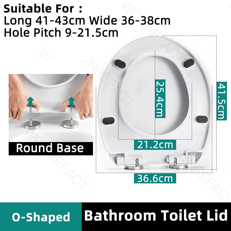 Bathroom Toilet Lid Easy Installation Widened Arc Toilet Lid Round Toilet Seat Elongated Oval Seat Silent Closed Seat(White)