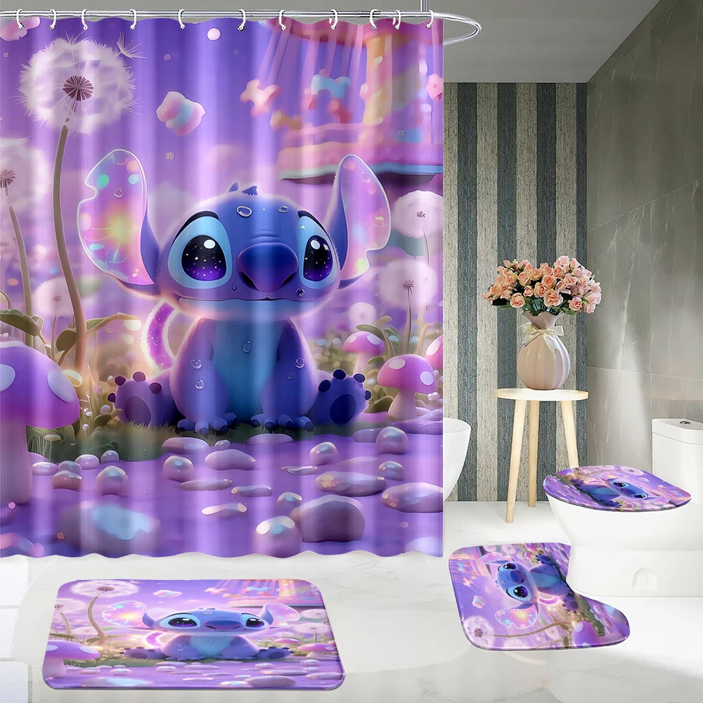 MINISO  Cartoon Home Bathroom Set, Non Slip Floor Mats, U-shaped Mats, Toilet Seat Pads, Waterproof Shower Curtains with Hooks