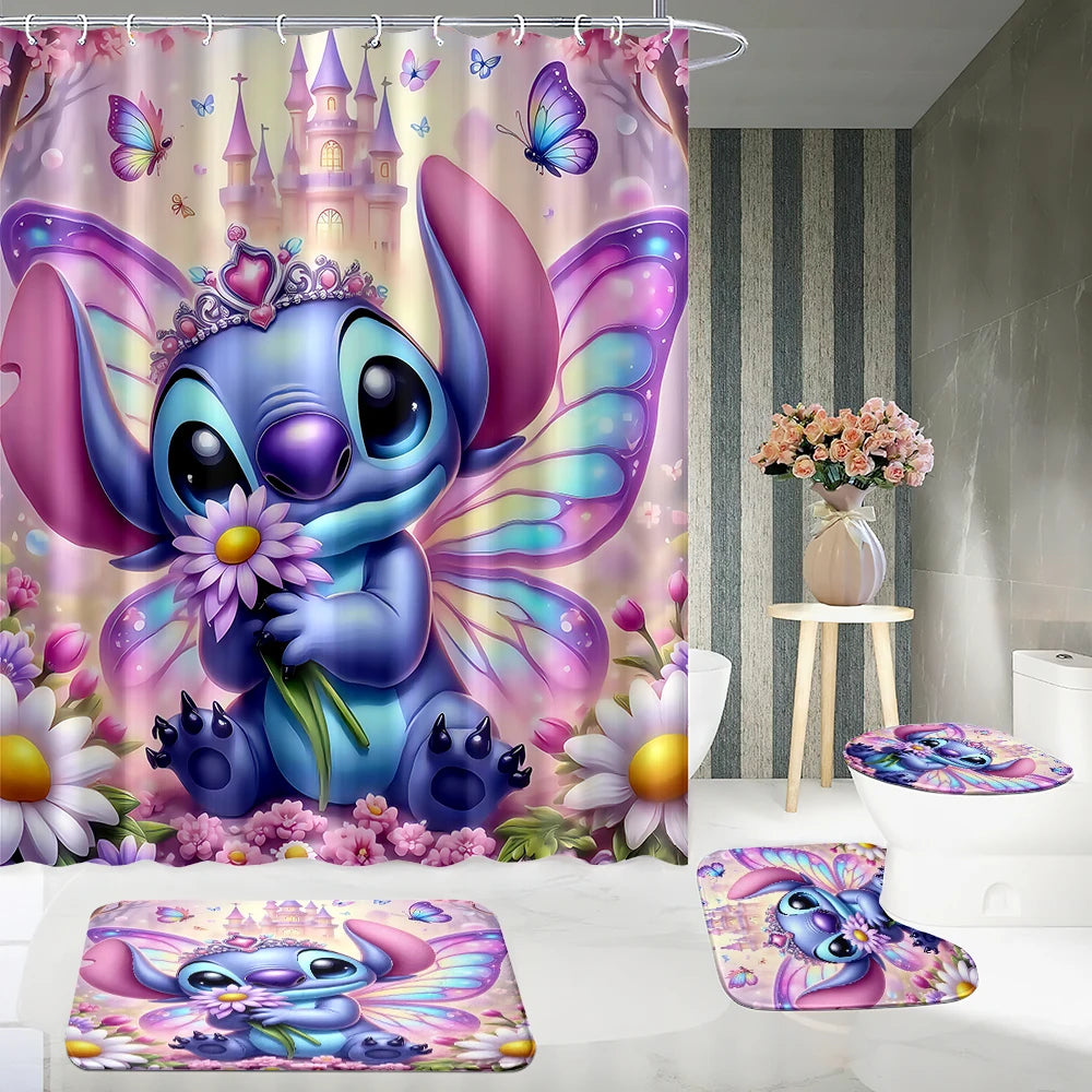 MINISO  Cartoon Home Bathroom Set, Non Slip Floor Mats, U-shaped Mats, Toilet Seat Pads, Waterproof Shower Curtains with Hooks