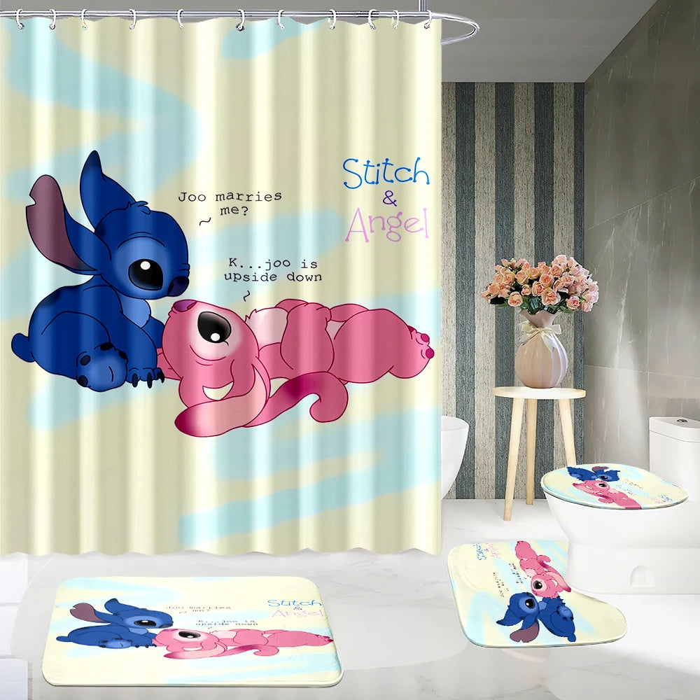 MINISO  Cartoon Home Bathroom Set, Non Slip Floor Mats, U-shaped Mats, Toilet Seat Pads, Waterproof Shower Curtains with Hooks