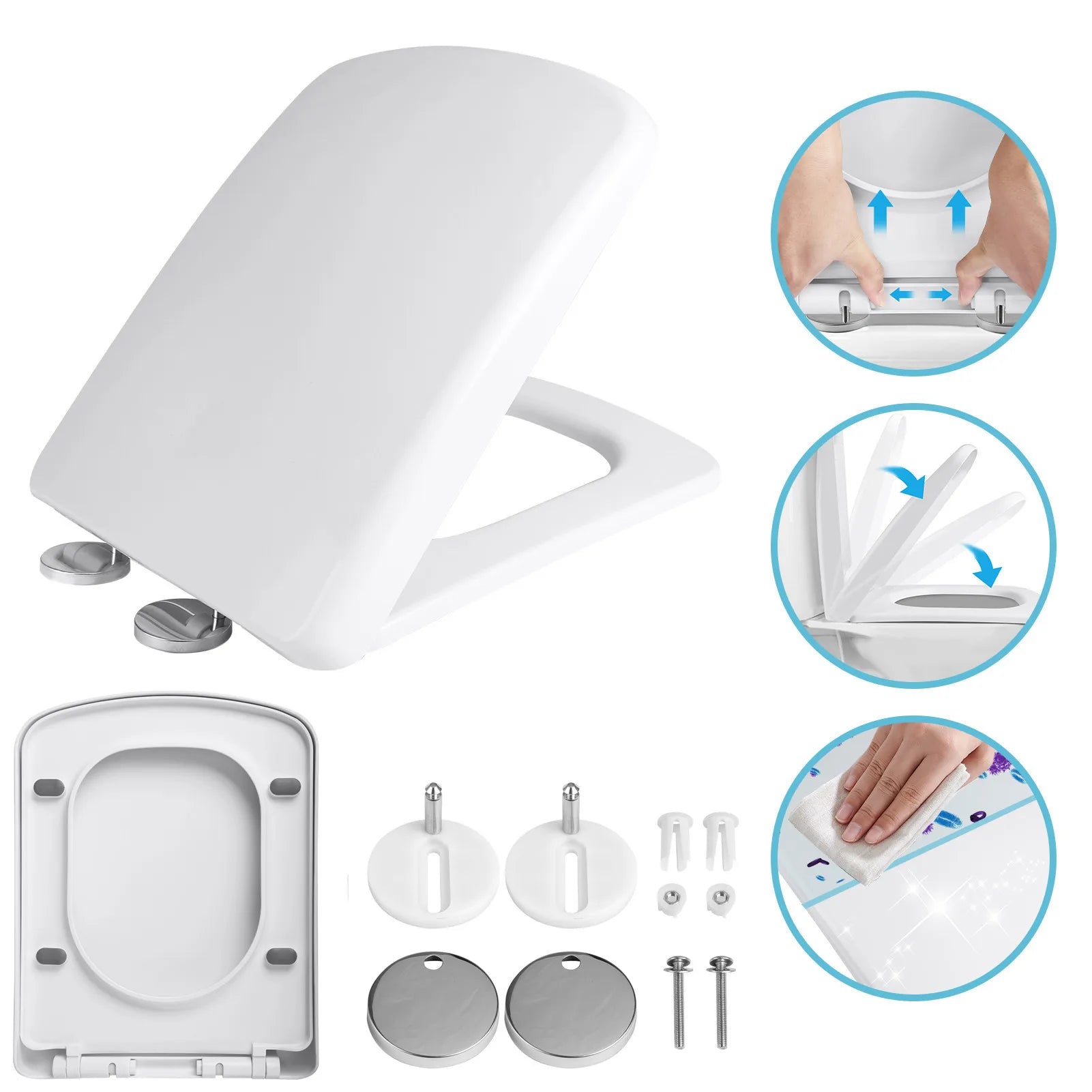 Square Slow-Close Toilet Seat Lid Cover Set Quick Release Thicken Replacement Universal Easy Installation For Home