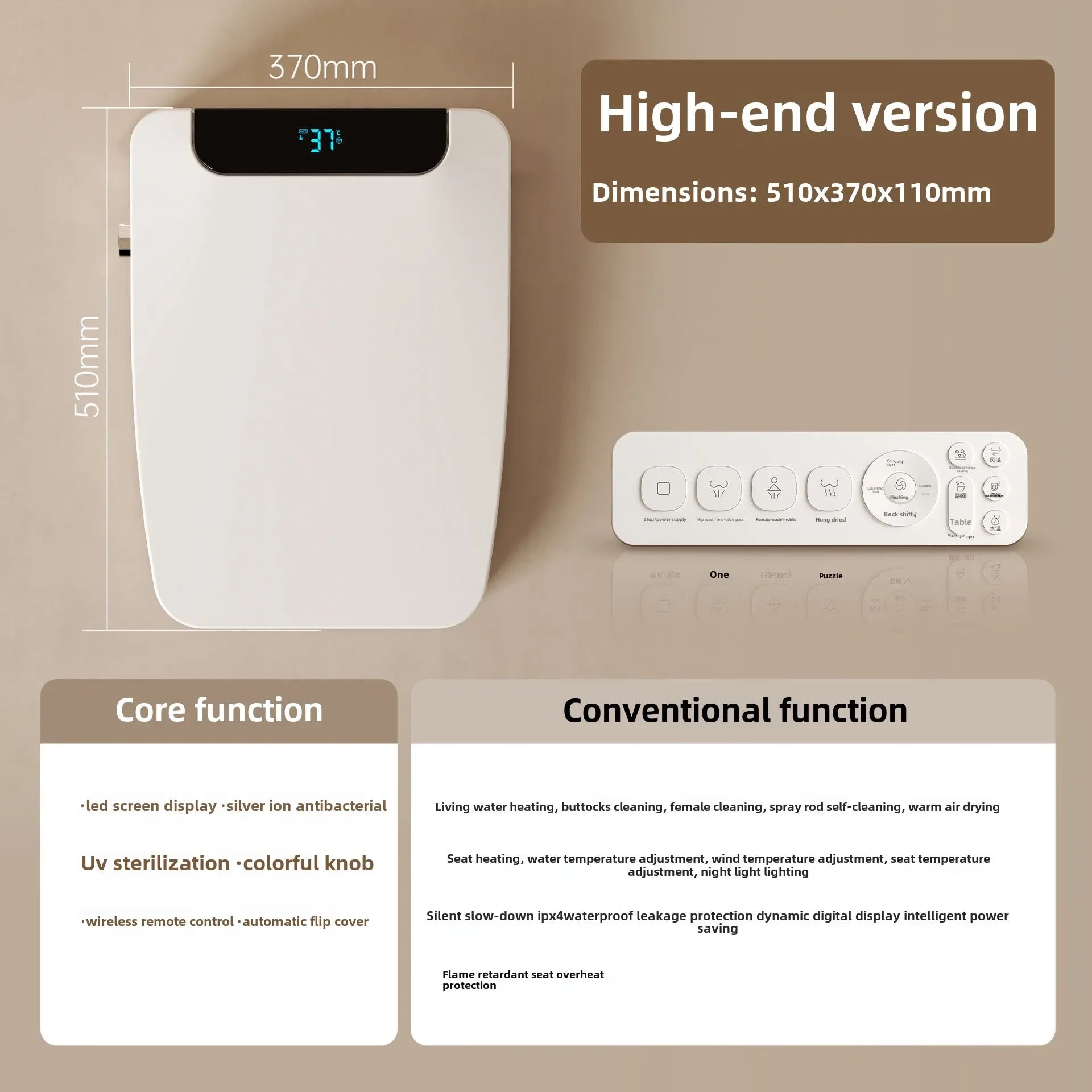 Intelligent Toilet Seat Cover with Electric Flush, Drying, Massage, Full-automatic, Instant-heating for Household Use