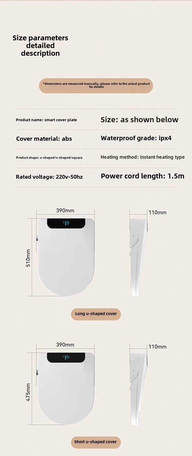 Intelligent Toilet Seat Cover with Electric Flush, Drying, Massage, Full-automatic, Instant-heating for Household Use
