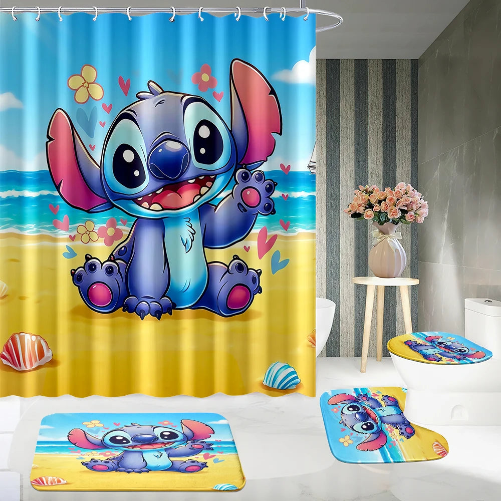 MINISO Cartoon Home Bathroom Set, Non Slip Floor Mats, U-shaped Mats, Toilet Seat Pads, Waterproof Shower Curtains with Hooks