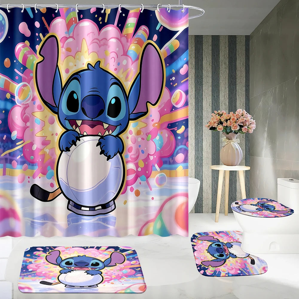 MINISO  Cartoon Home Bathroom Set, Non Slip Floor Mats, U-shaped Mats, Toilet Seat Pads, Waterproof Shower Curtains with Hooks