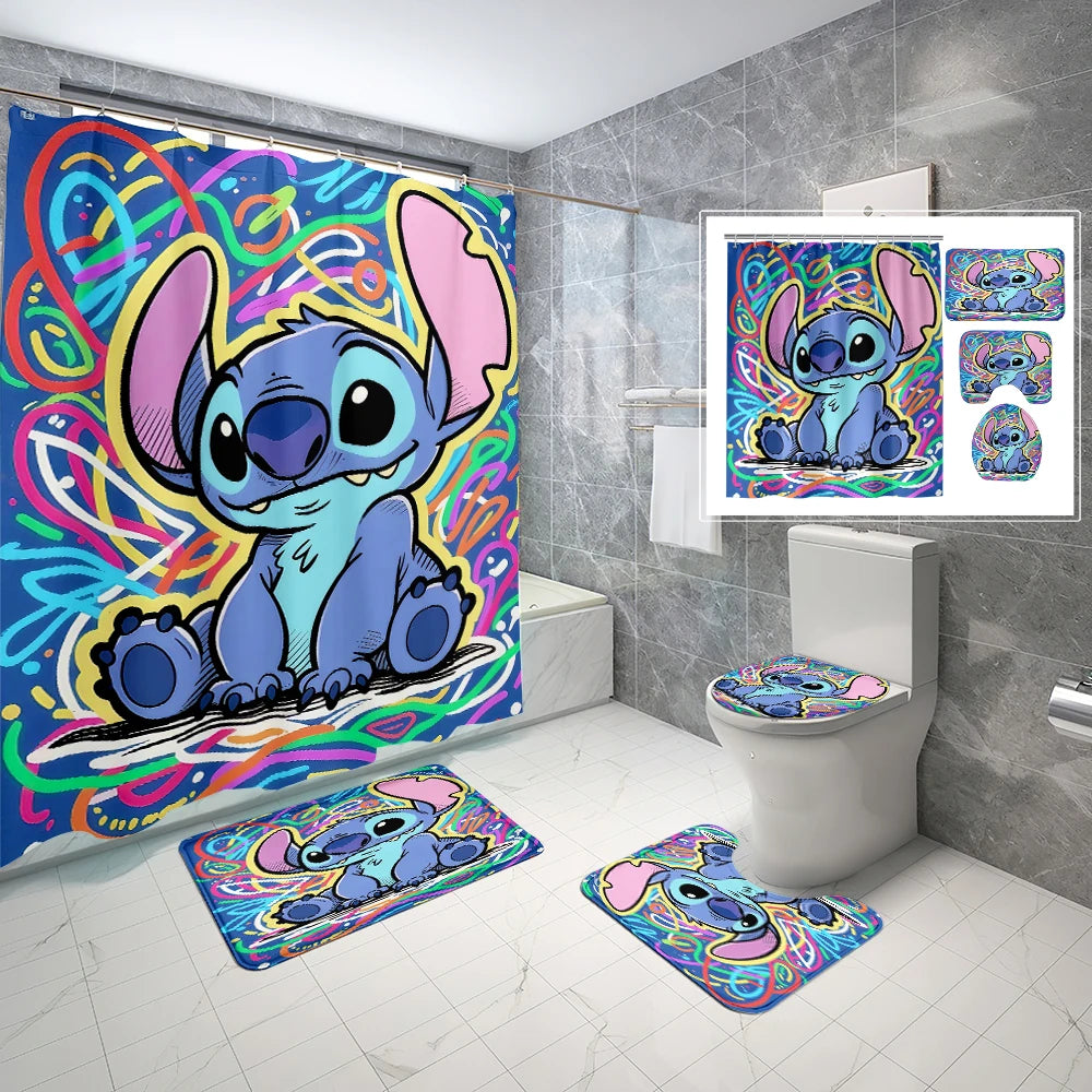 MINISO Cartoon Home Bathroom Set, Non Slip Floor Mats, U-shaped Mats, Toilet Seat Pads, Waterproof Shower Curtains with Hooks