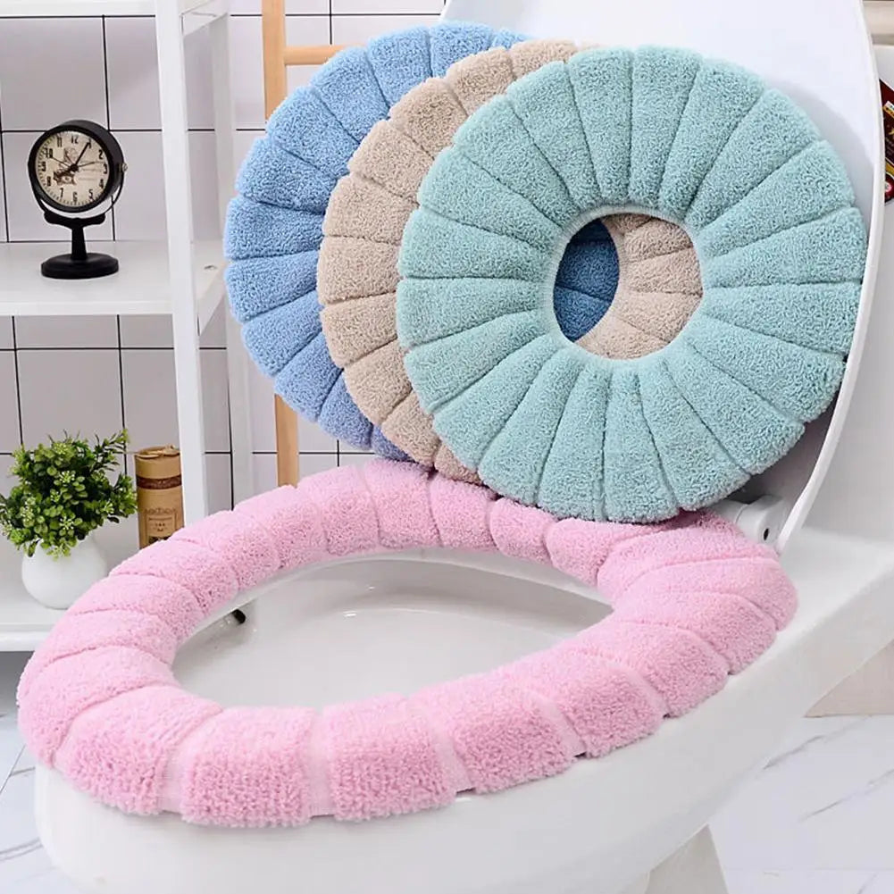 Winter Warm Toilet Seat Cover Closestool Mat 1Pcs Washable Bathroom Accessories Knitting Pure Color Soft O-shape Pad Toilet Seat