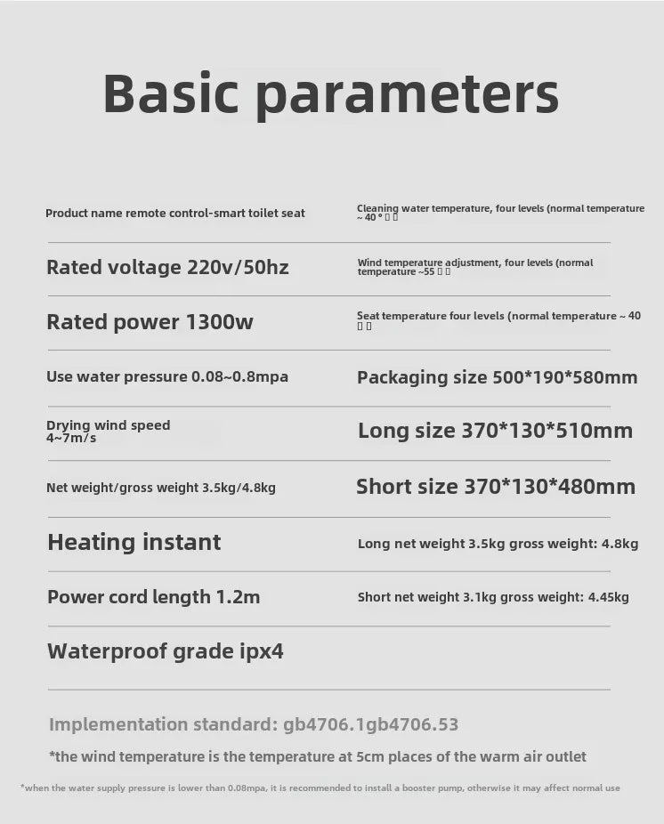 Self-Cleaning Smart Toilet Seat Cover with Remote Control and Water Pressure Limitation-Free