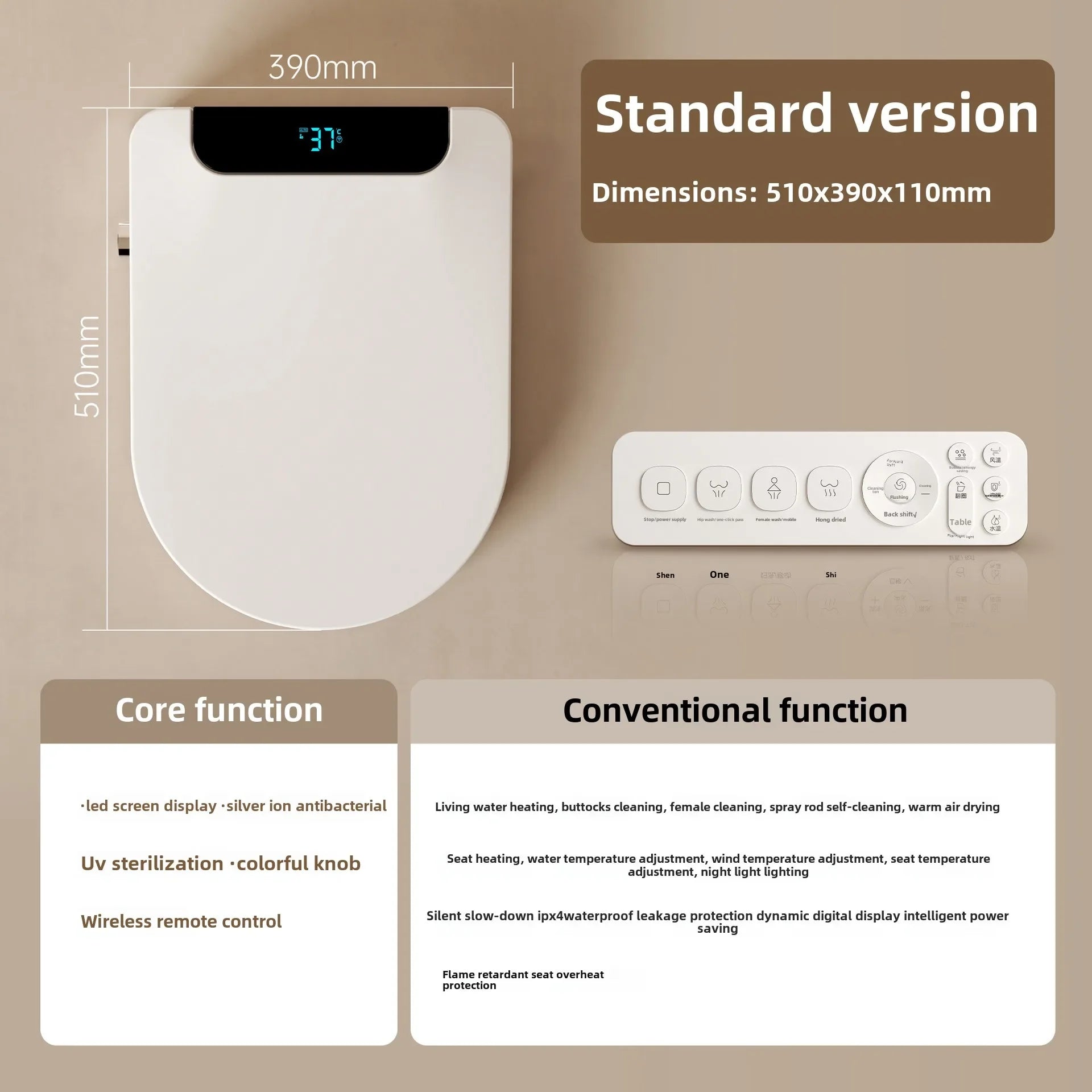 Intelligent Toilet Seat Cover with Electric Flush, Drying, Massage, Full-automatic, Instant-heating for Household Use