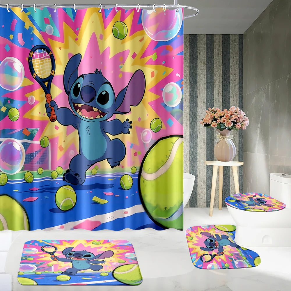 MINISO  Cartoon Home Bathroom Set, Non Slip Floor Mats, U-shaped Mats, Toilet Seat Pads, Waterproof Shower Curtains with Hooks