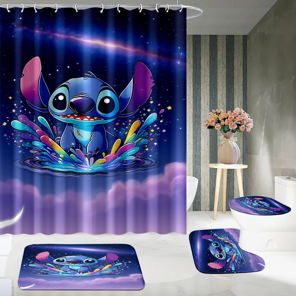 MINISO  Cartoon Home Bathroom Set, Non Slip Floor Mats, U-shaped Mats, Toilet Seat Pads, Waterproof Shower Curtains with Hooks