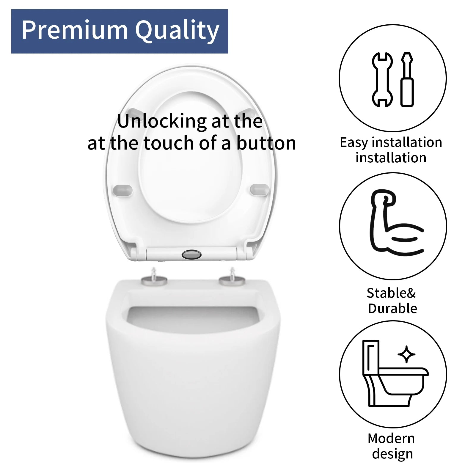 White Toilet Seat Soft Close Soft Close PP Toilet Seat Bottom and Top Fixing Quick Release for Easy Clean Sturdy Anti-Bacterial