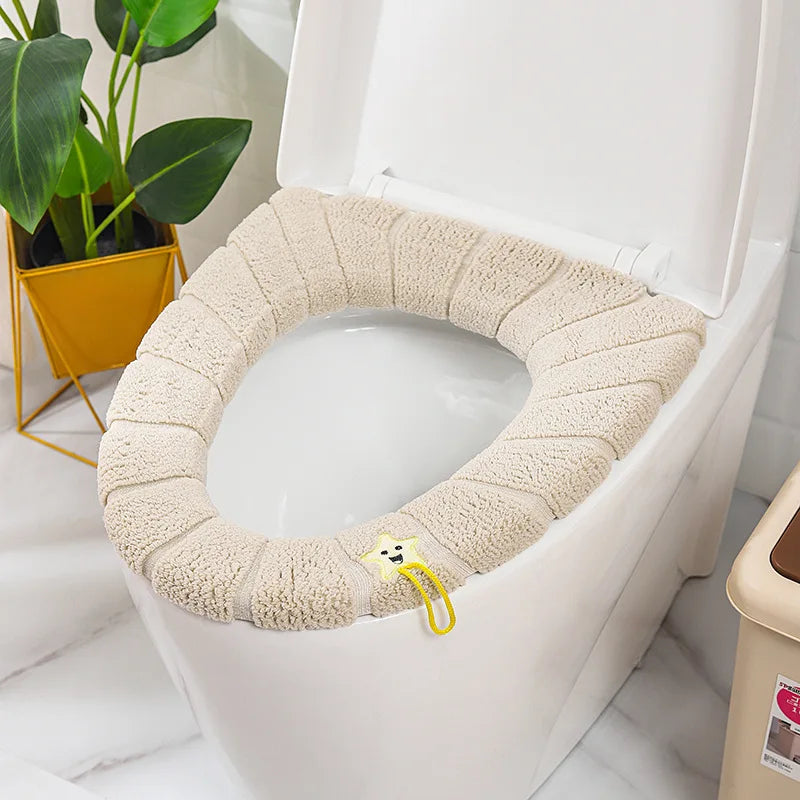 Winter Warm Toilet Seat Cover Mat Bathroom Toilet Pad Cushion with Handle Thicker Soft Washable Closestool Warmer Accessories