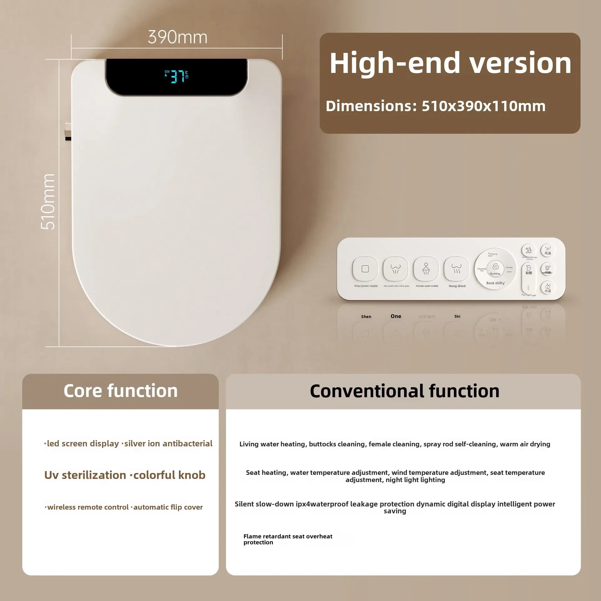 Intelligent Toilet Seat Cover with Electric Flush, Drying, Massage, Full-automatic, Instant-heating for Household Use