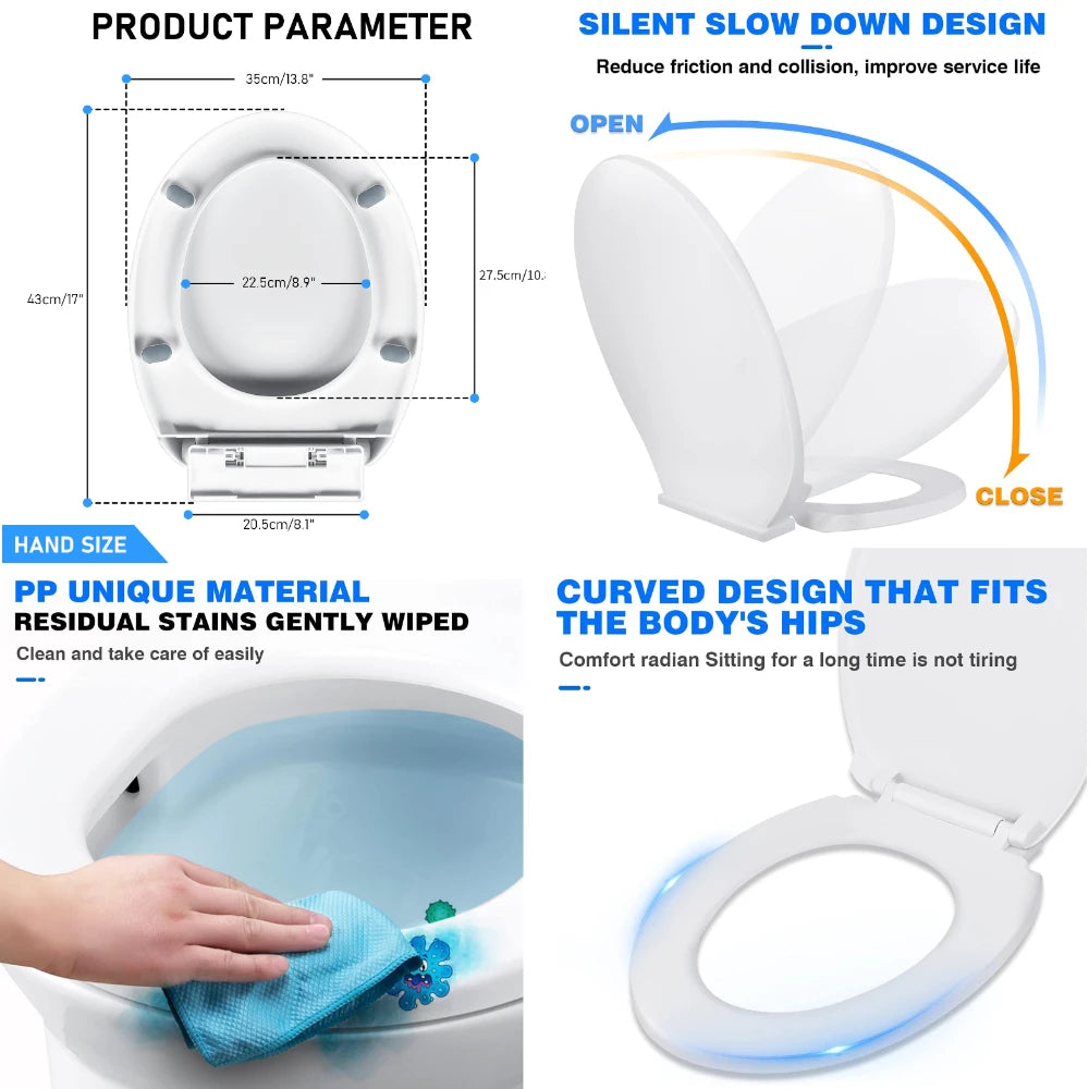 White Toilet Seat Soft Close Soft Close PP Toilet Seat Bottom and Top Fixing Quick Release for Easy Clean Sturdy Anti-Bacterial