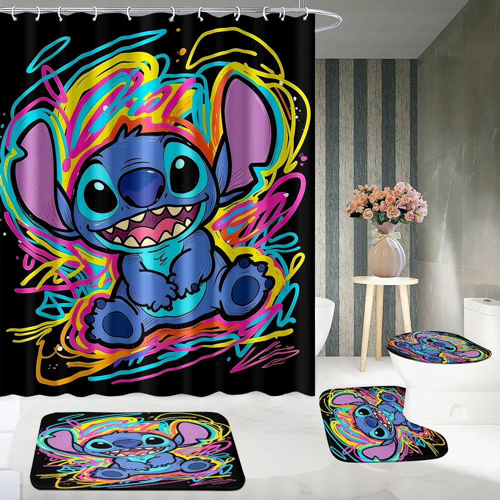 MINISO Cartoon Home Bathroom Set, Non Slip Floor Mats, U-shaped Mats, Toilet Seat Pads, Waterproof Shower Curtains with Hooks