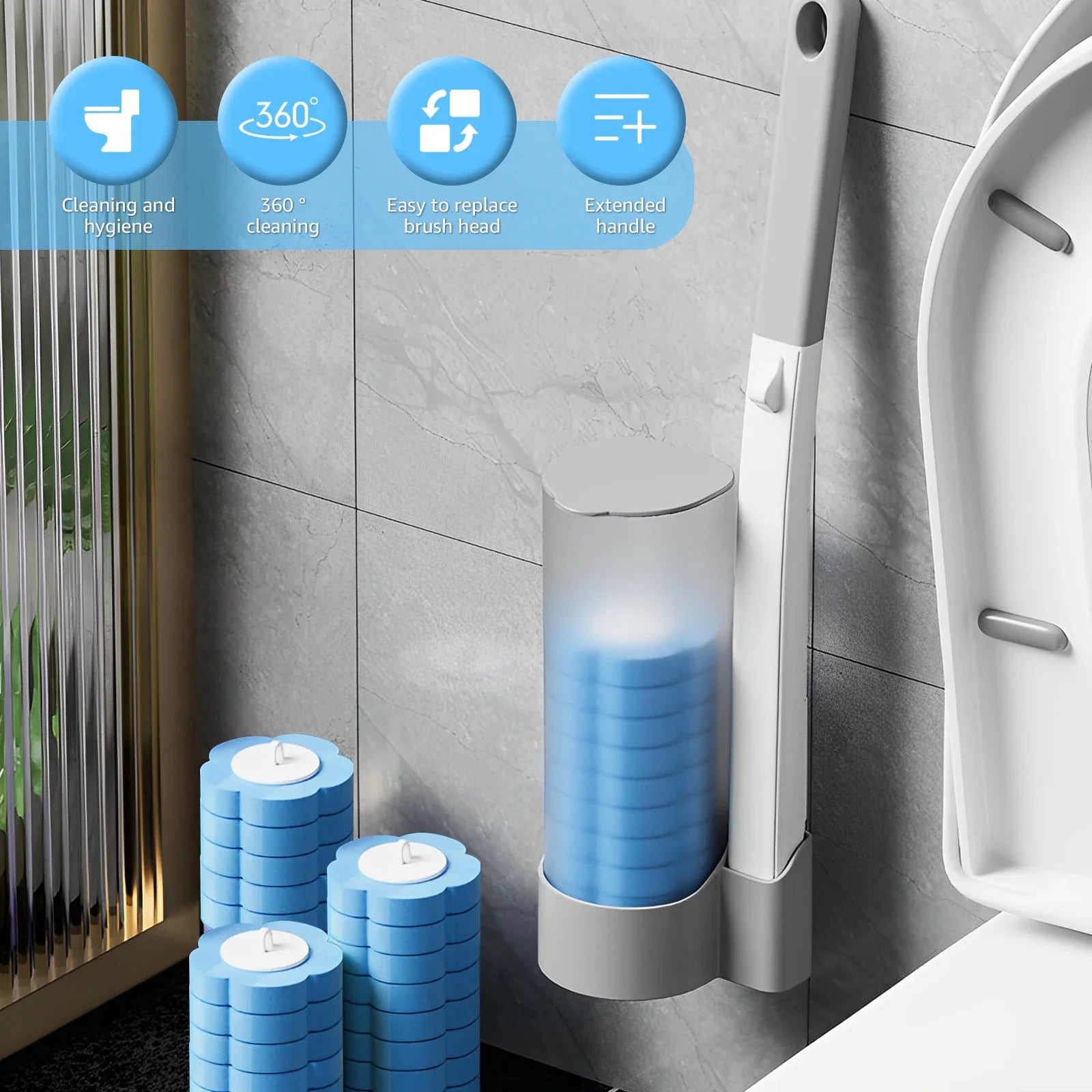 Disposable Toilet Brush Kit Wall-Mounted Bathroom Long Handle Cleaning Tool with Toilet Brush Refill  Accessories Cleaning