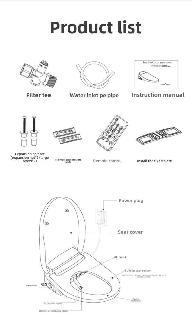 Self-Cleaning Smart Toilet Seat Cover with Remote Control and Water Pressure Limitation-Free