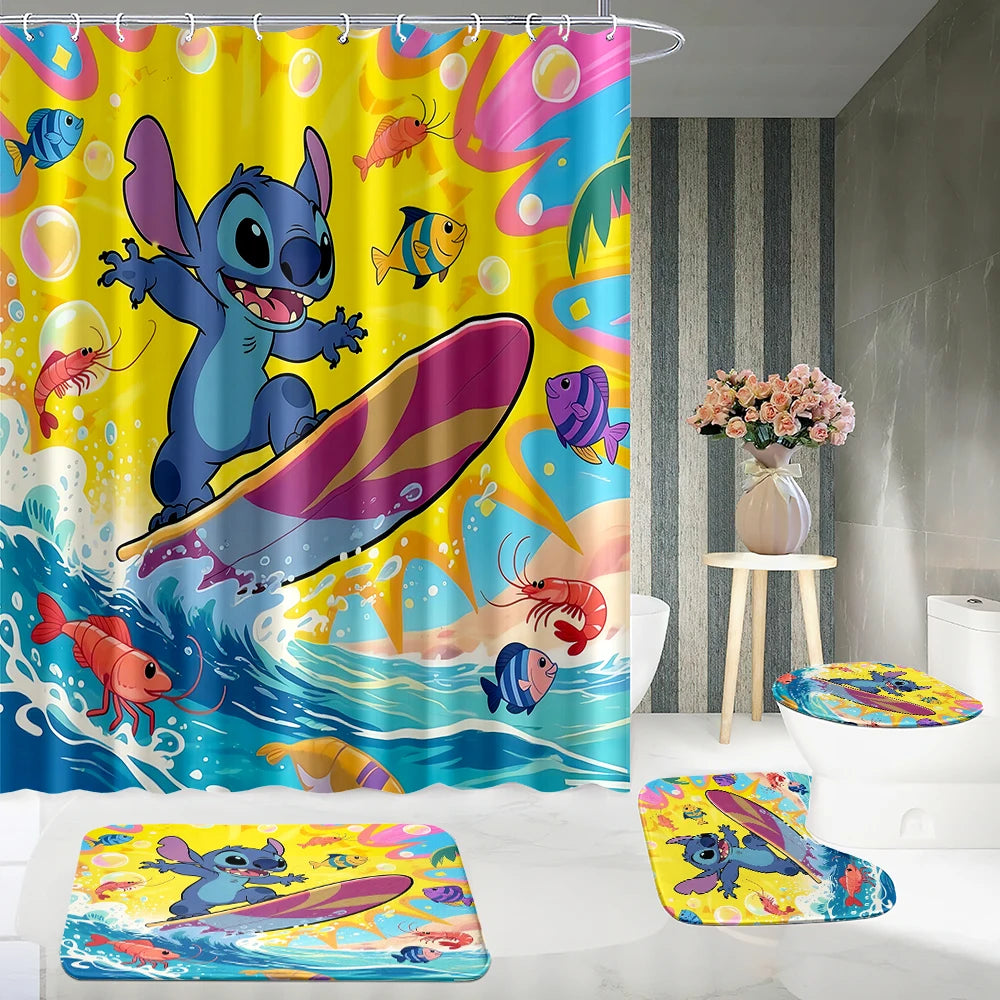 MINISO  Cartoon Home Bathroom Set, Non Slip Floor Mats, U-shaped Mats, Toilet Seat Pads, Waterproof Shower Curtains with Hooks