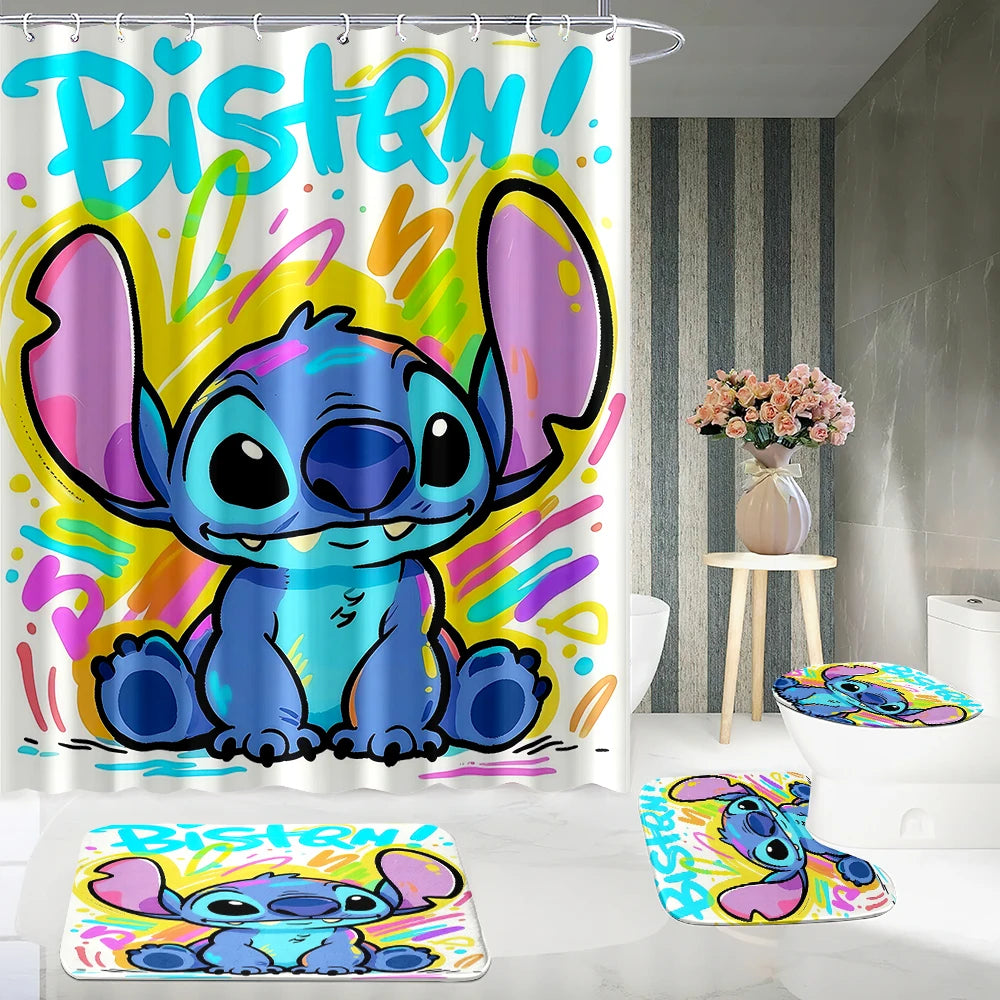 MINISO  Cartoon Home Bathroom Set, Non Slip Floor Mats, U-shaped Mats, Toilet Seat Pads, Waterproof Shower Curtains with Hooks