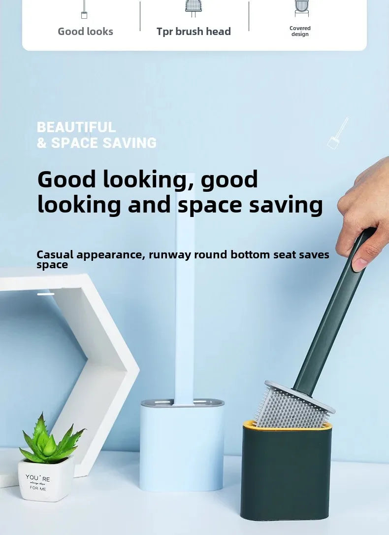 Toilet Brush Water Leak Proof With base Silicone Wc Flat Head Flexible Soft Bristles Brush with Quick Drying Holder Set