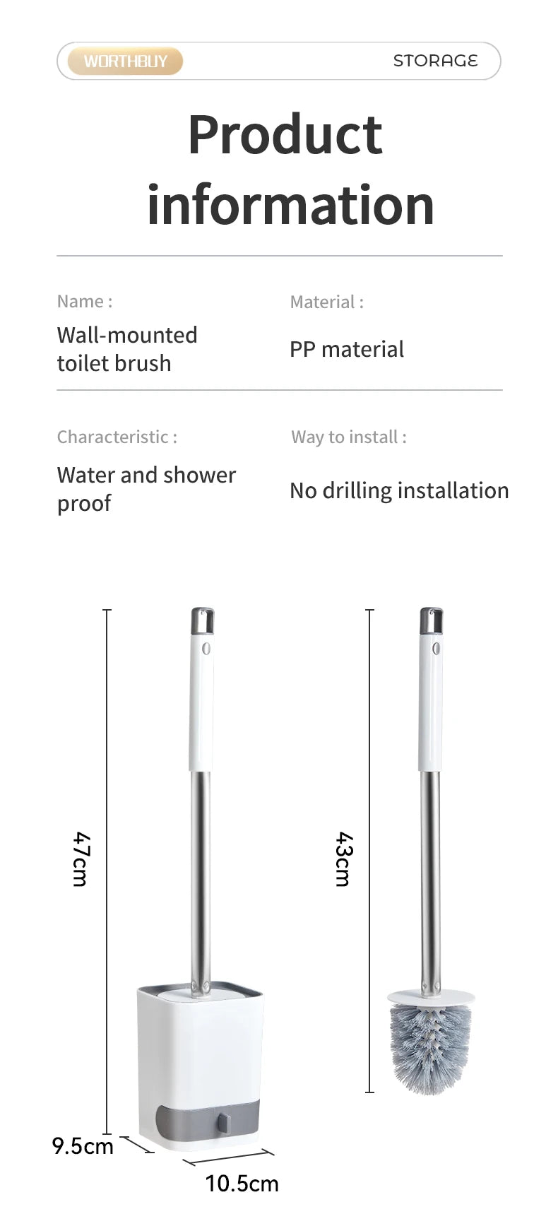 WORTHBUY Long Handle Plastic Toilet Brush With Drain Base Punch-Free Wall Mounted WC Toilet Cleaning Brush Bathroom Accessories