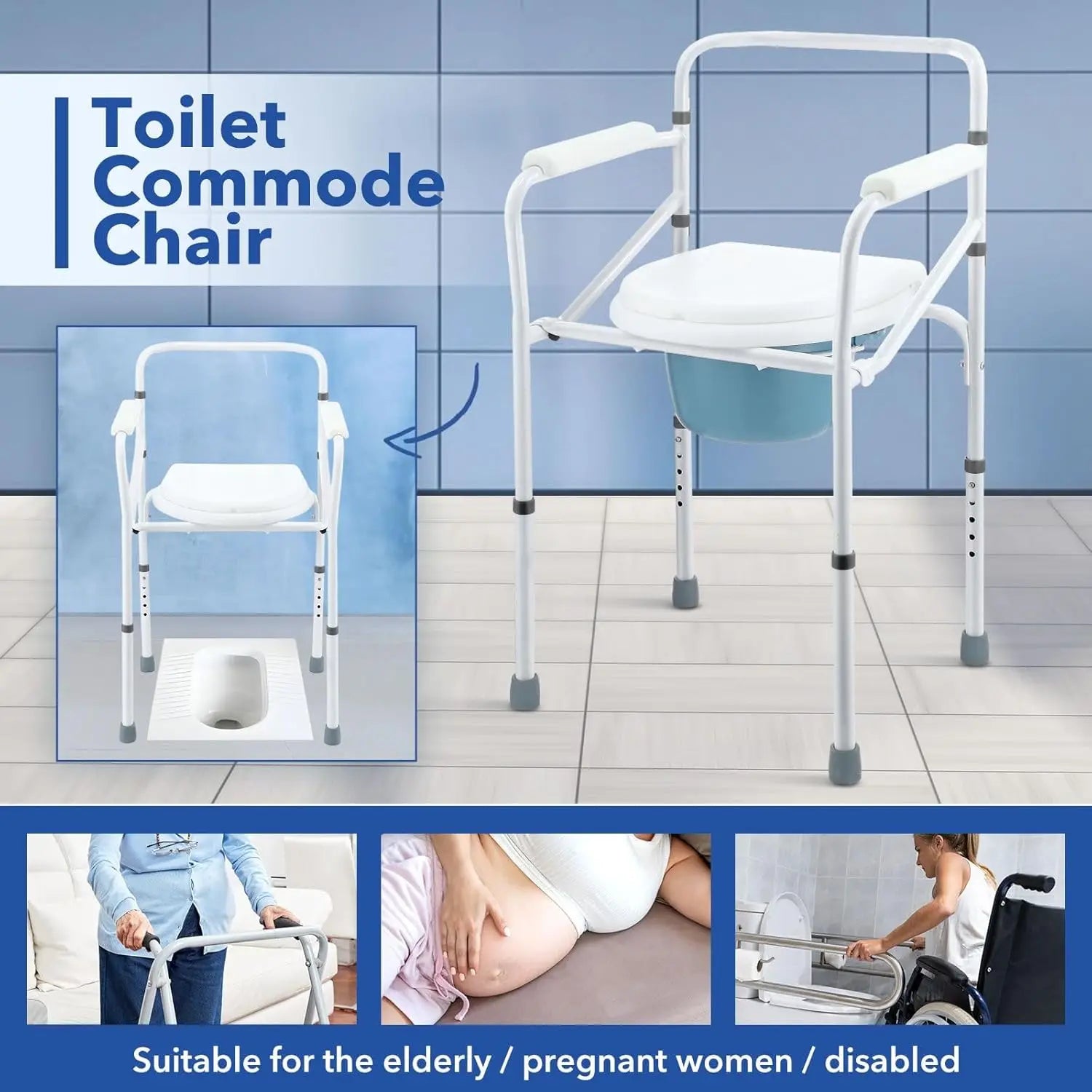 Commode Chair Shower Seat for Toilet Bathroom Bedside Height Adjustable Seating with Arms Removable Bucket for Senior and D