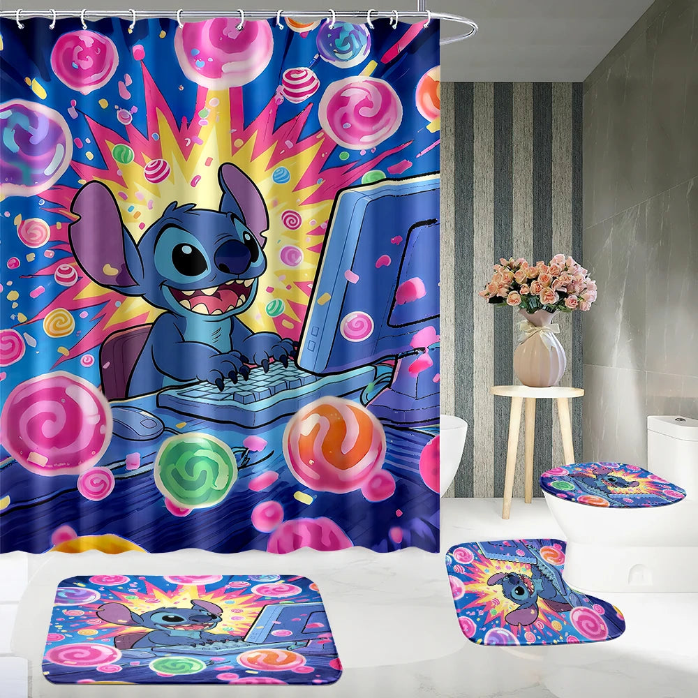 MINISO Cartoon Home Bathroom Set, Non Slip Floor Mats, U-shaped Mats, Toilet Seat Pads, Waterproof Shower Curtains with Hooks