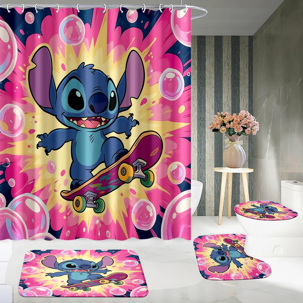 MINISO Cartoon Home Bathroom Set, Non Slip Floor Mats, U-shaped Mats, Toilet Seat Pads, Waterproof Shower Curtains with Hooks