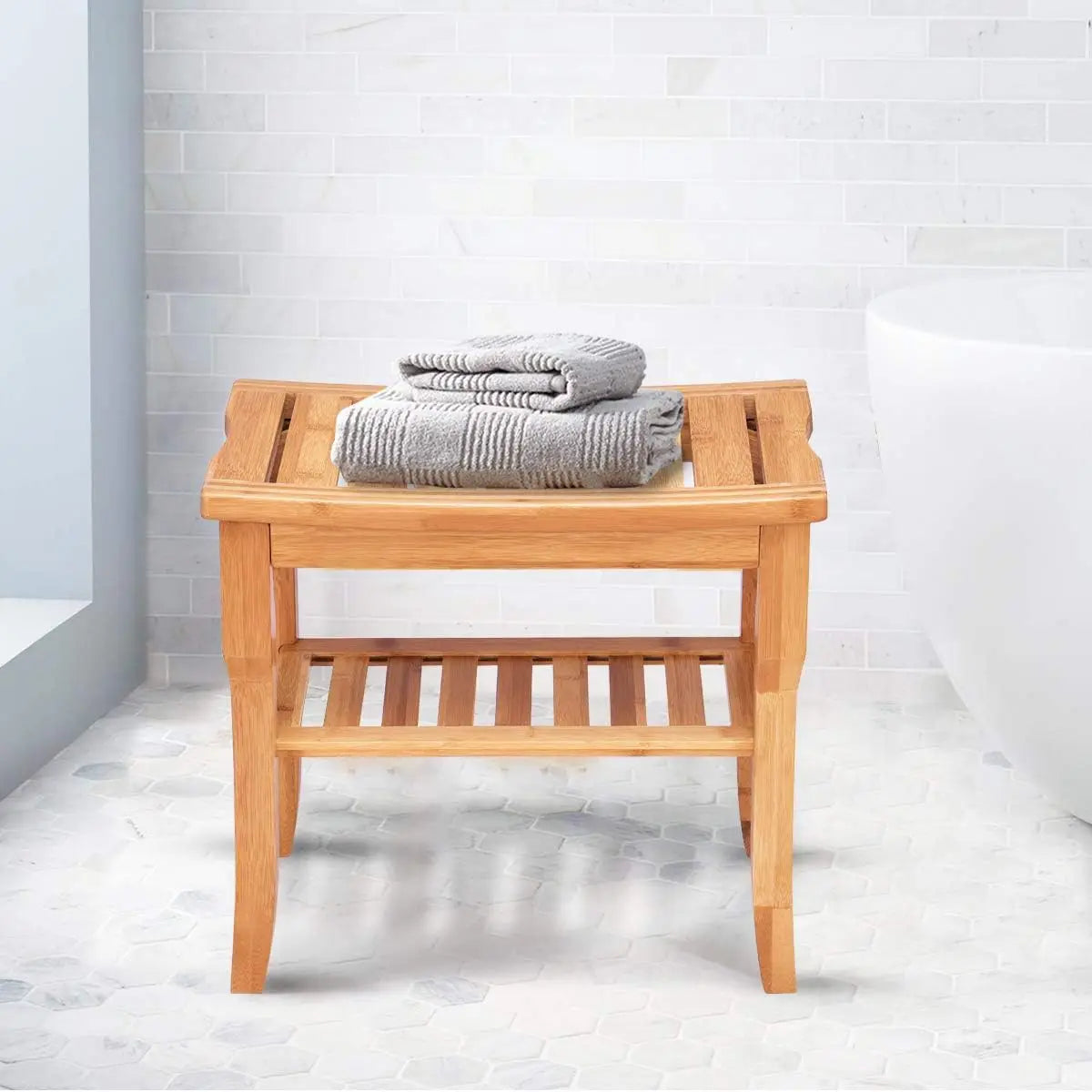Bamboo Shower Seat Bench Bathroom Spa Bathroom Organiser Stool with Shelf