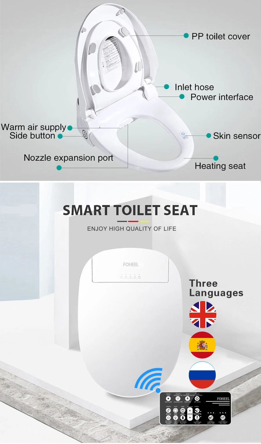 FOHEEL Smart Toilet Seat Bidet Seat Electronic Toilet Seat Air Drying Seat Heating Functions Black Remote Control Square Seat