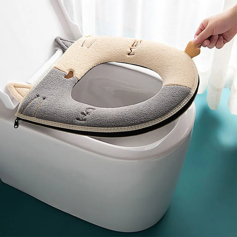 1PC Bathroom Toilet Seat with Handle Closestool Washable Soft Winter Warmer Mat Pad Cushion O-shape Toilet Seat Covers