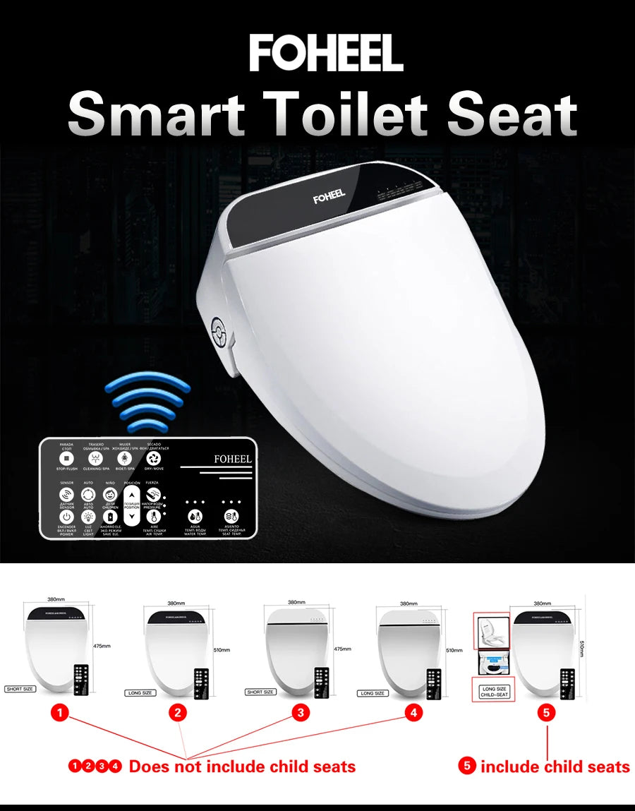 FOHEEL Smart Toilet Seat Bidet Seat Electronic Toilet Seat Air Drying Seat Heating Functions Black Remote Control Square Seat