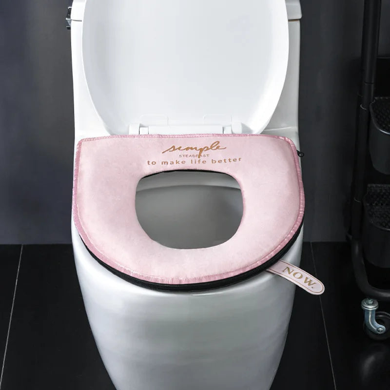 Toilet Seat Cover with Zipper Pads, Washable Toilet Lid Cover with Lifter Soft Velvet Plush Cloth, Warm Pad Cushion for Bathroom