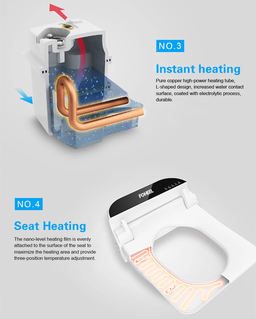 FOHEEL Smart Toilet Seat Bidet Seat Electronic Toilet Seat Air Drying Seat Heating Functions Black Remote Control Square Seat