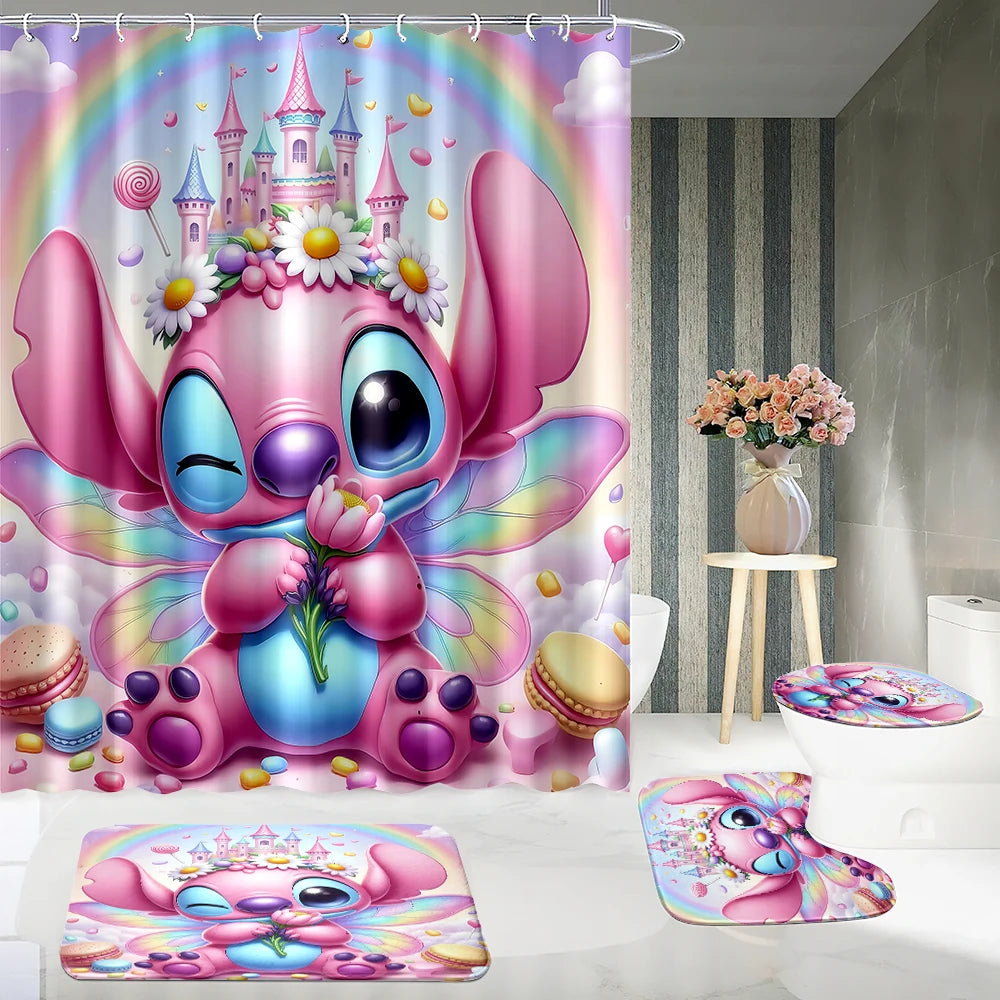 MINISO  Cartoon Home Bathroom Set, Non Slip Floor Mats, U-shaped Mats, Toilet Seat Pads, Waterproof Shower Curtains with Hooks