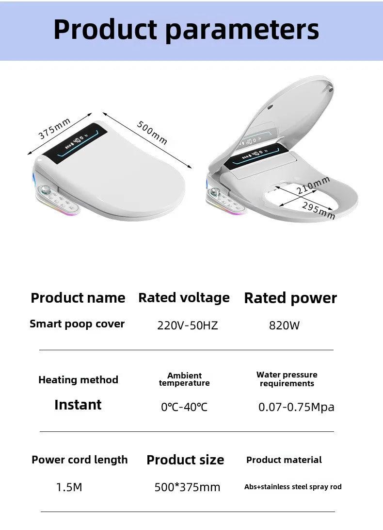 Smart Toilet Seat Cover with Instant Heating, Multi-function Wash, Foam Shield, Electric Bidet Lid for Household Bathroom