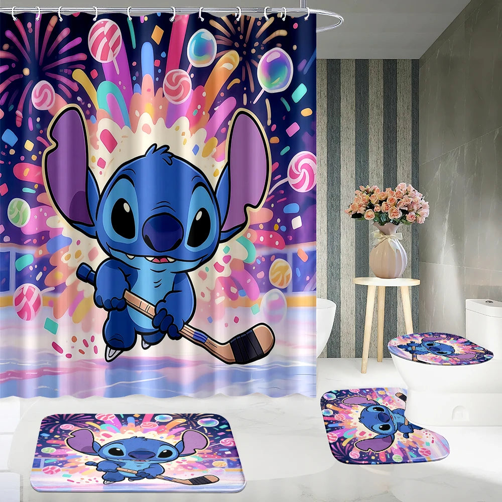 MINISO Cartoon Home Bathroom Set, Non Slip Floor Mats, U-shaped Mats, Toilet Seat Pads, Waterproof Shower Curtains with Hooks