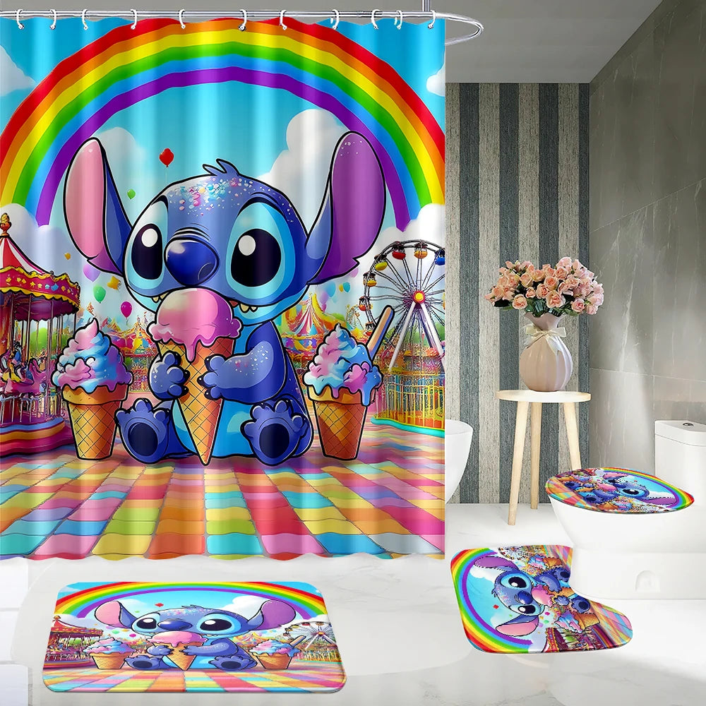 MINISO Cartoon Home Bathroom Set, Non Slip Floor Mats, U-shaped Mats, Toilet Seat Pads, Waterproof Shower Curtains with Hooks
