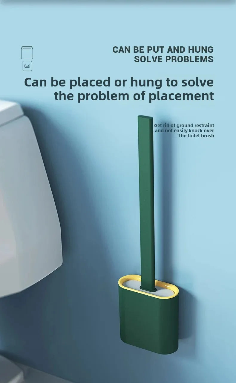 Toilet Brush Water Leak Proof With base Silicone Wc Flat Head Flexible Soft Bristles Brush with Quick Drying Holder Set