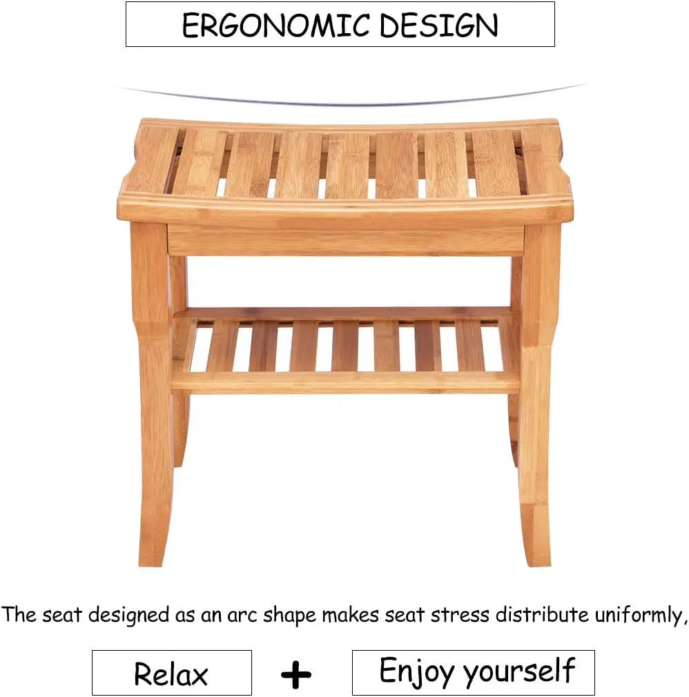 Bamboo Shower Seat Bench Bathroom Spa Bathroom Organiser Stool with Shelf