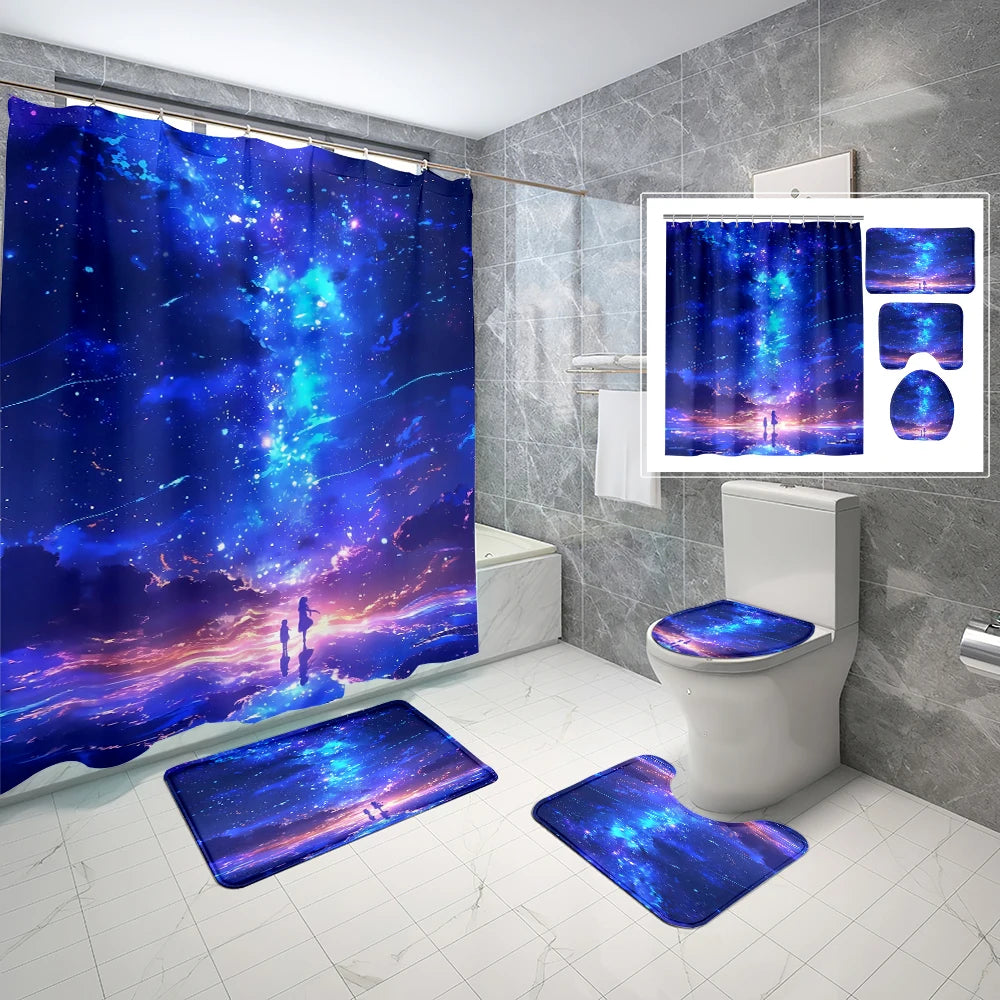 1/4 Piece Colorful Milky Way Starry Sky Shower Curtain Bathroom Set Anti Slip Floor Mat U-shaped Floor Mat with Hook Toilet Seat