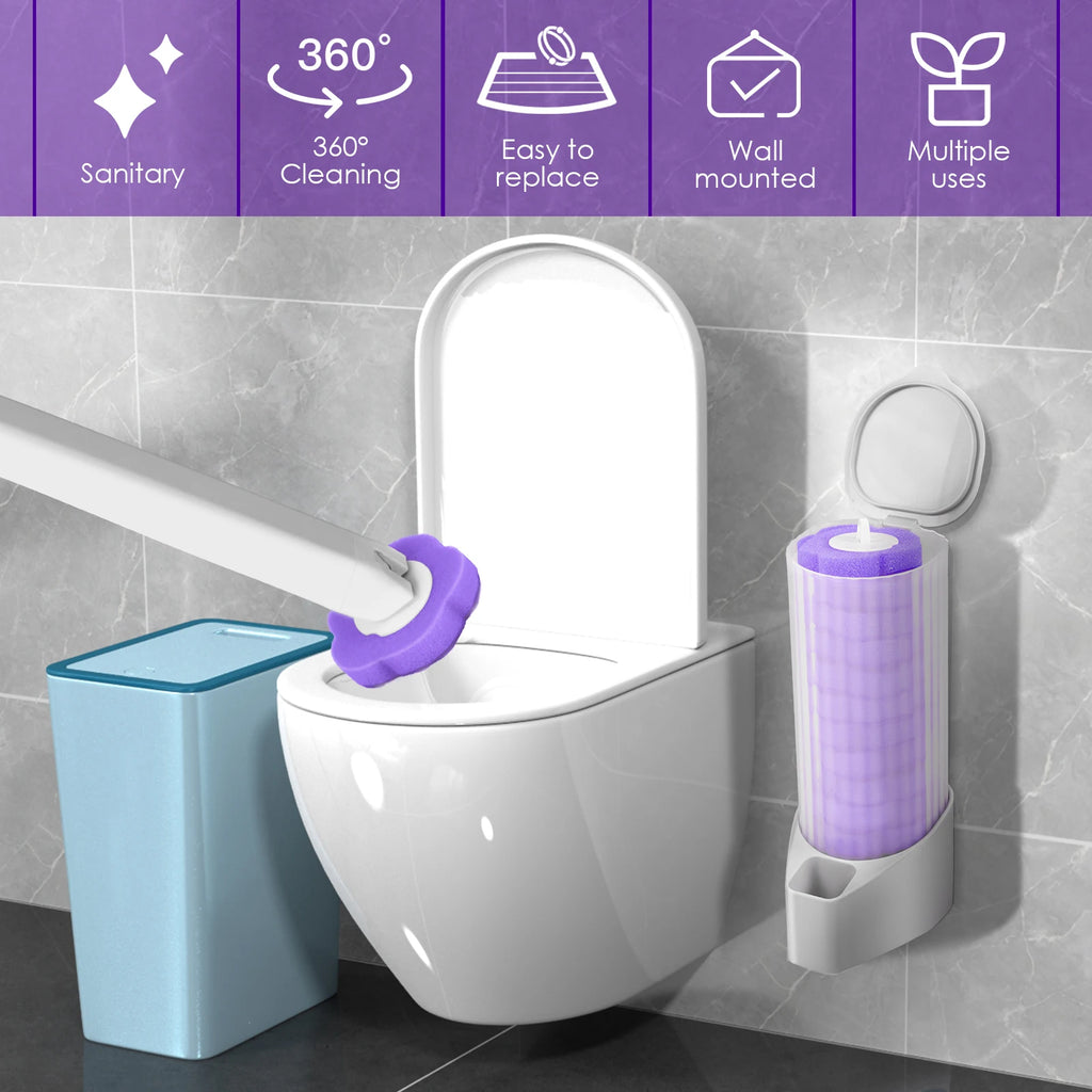 Toilet Wand Kit Wall Mounted Toilet Brush Set with 24 Replacement Brush Heads 360° Bathroom Effective Cleaning Tool for Home