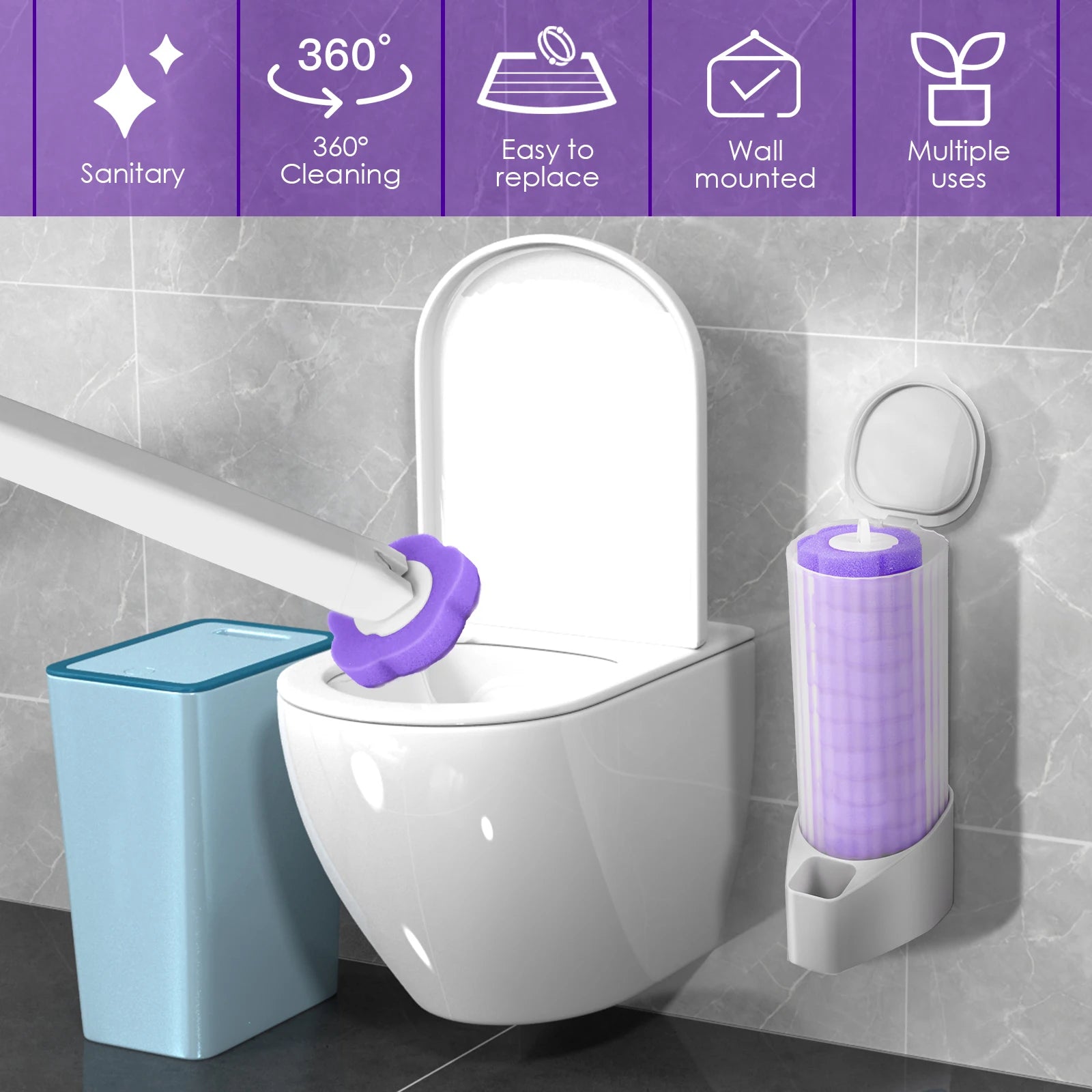 Toilet Wand Kit Wall Mounted Toilet Brush Set with 24 Replacement Brush Heads 360° Bathroom Effective Cleaning Tool for Home