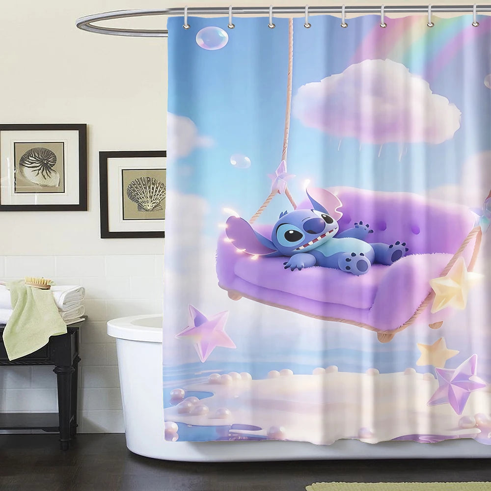 MINISO  Cartoon Home Bathroom Set, Non Slip Floor Mats, U-shaped Mats, Toilet Seat Pads, Waterproof Shower Curtains with Hooks