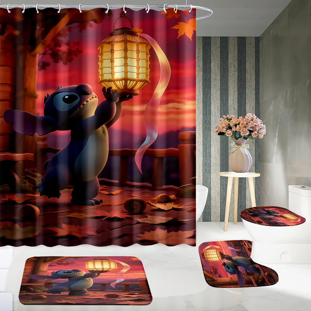 MINISO  Cartoon Home Bathroom Set, Non Slip Floor Mats, U-shaped Mats, Toilet Seat Pads, Waterproof Shower Curtains with Hooks