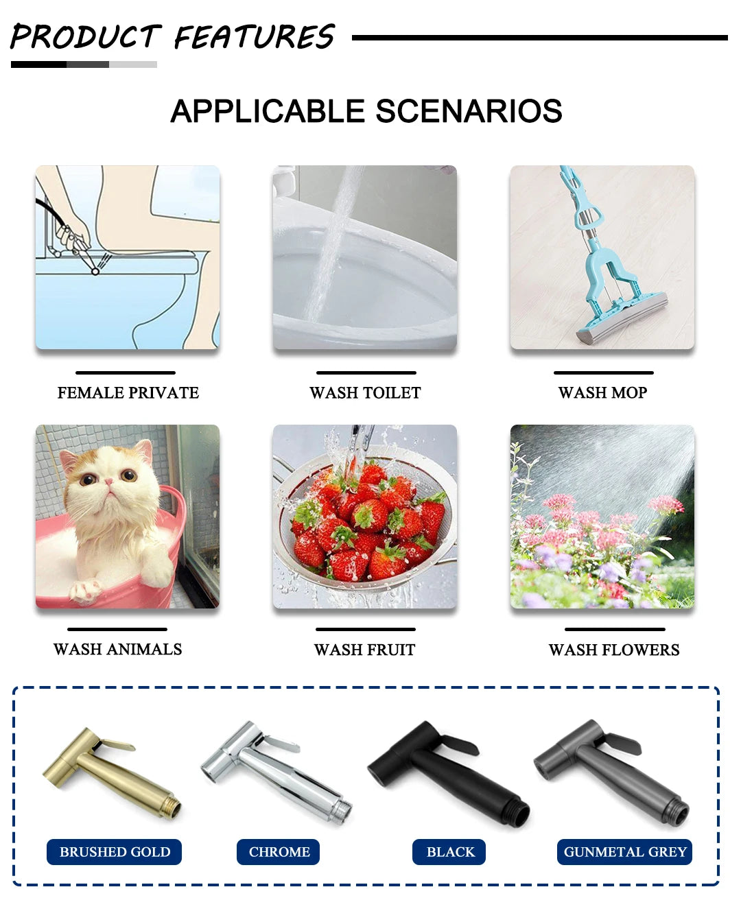 Brushed Gold Handheld Toilet Seat Bathtub Sprayer Stainless Steel Shower Handheld Spray Gun Wall-Mounted Bathroom Accessories